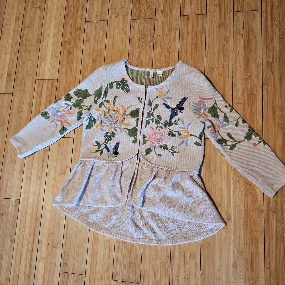 Anthropologie Floral Embroidered Cardigan - Cream and Green - Picture 2 of 9